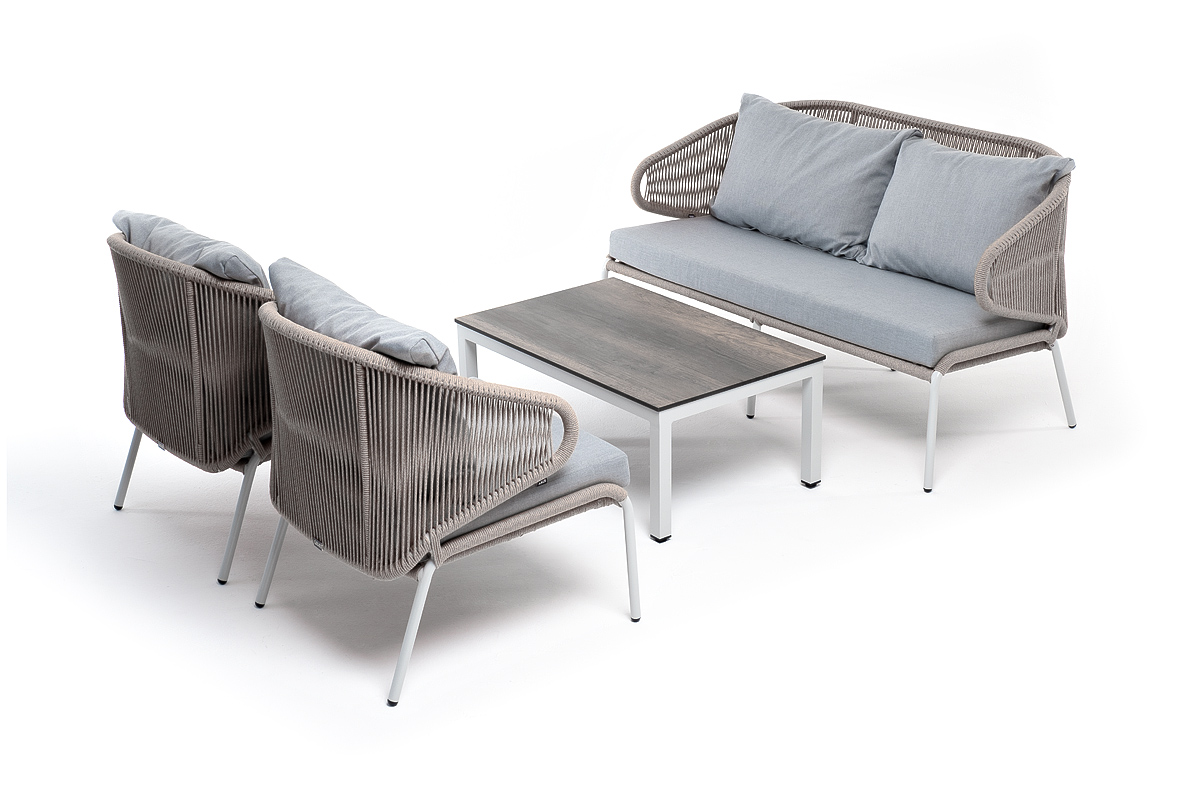 фото "милан" лаунж-зона 4-местная плетеная из роупа (веревки), каркас алюминиевый белый, роуп бежевый