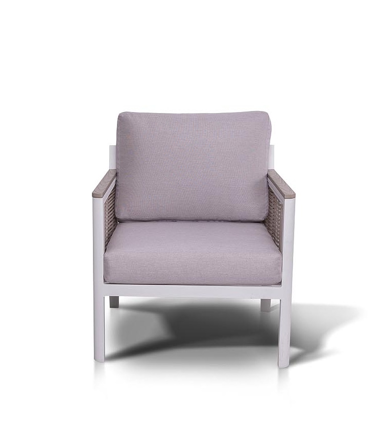 фото "сан ремо" кресло плетеное из роупа садовое, каркас алюминий белый, роуп бежевый, ткань бежевая