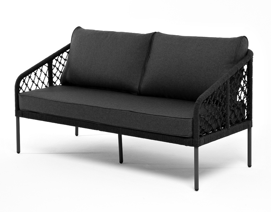 фото "канны" диван 2-местный плетеный из роупа (узелки), каркас алюминий темно-серый (ral7024) муар, роуп темно-серый круглый, ткань темно-серая 027