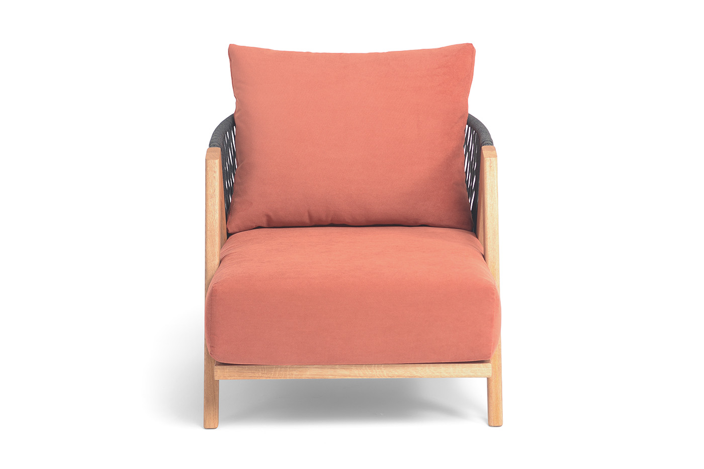 фото "гарда" кресло плетеное из роупа, основание дуб, роуп темно-серый круглый, ткань терракотовая