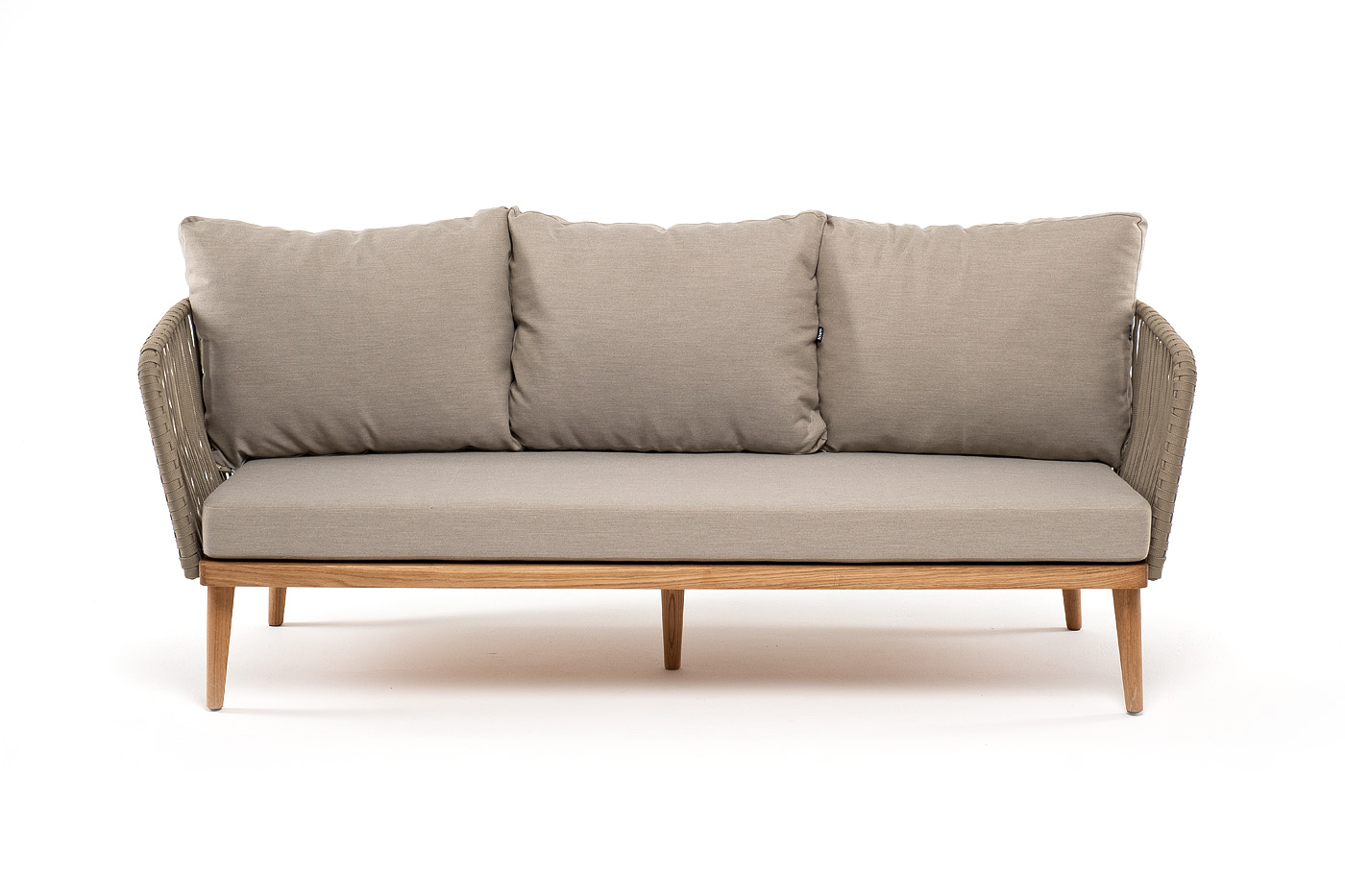 фото "мальорка" диван 3-местный плетеный из роупа, основание дуб, роуп серо-коричневый 23мм, ткань бежевая 15052