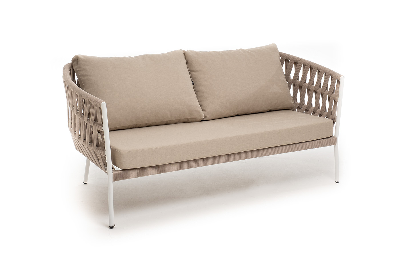 фото "диего" диван 2-местный плетеный из роупа, каркас алюминий белый муар, роуп бежевый круглый, ткань бежевая 052