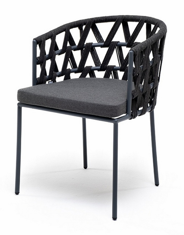 фото "диего" стул плетеный из роупа, каркас из стали темно-серый (ral7024) муар, роуп темно-серый круглый, ткань темно-серая 027