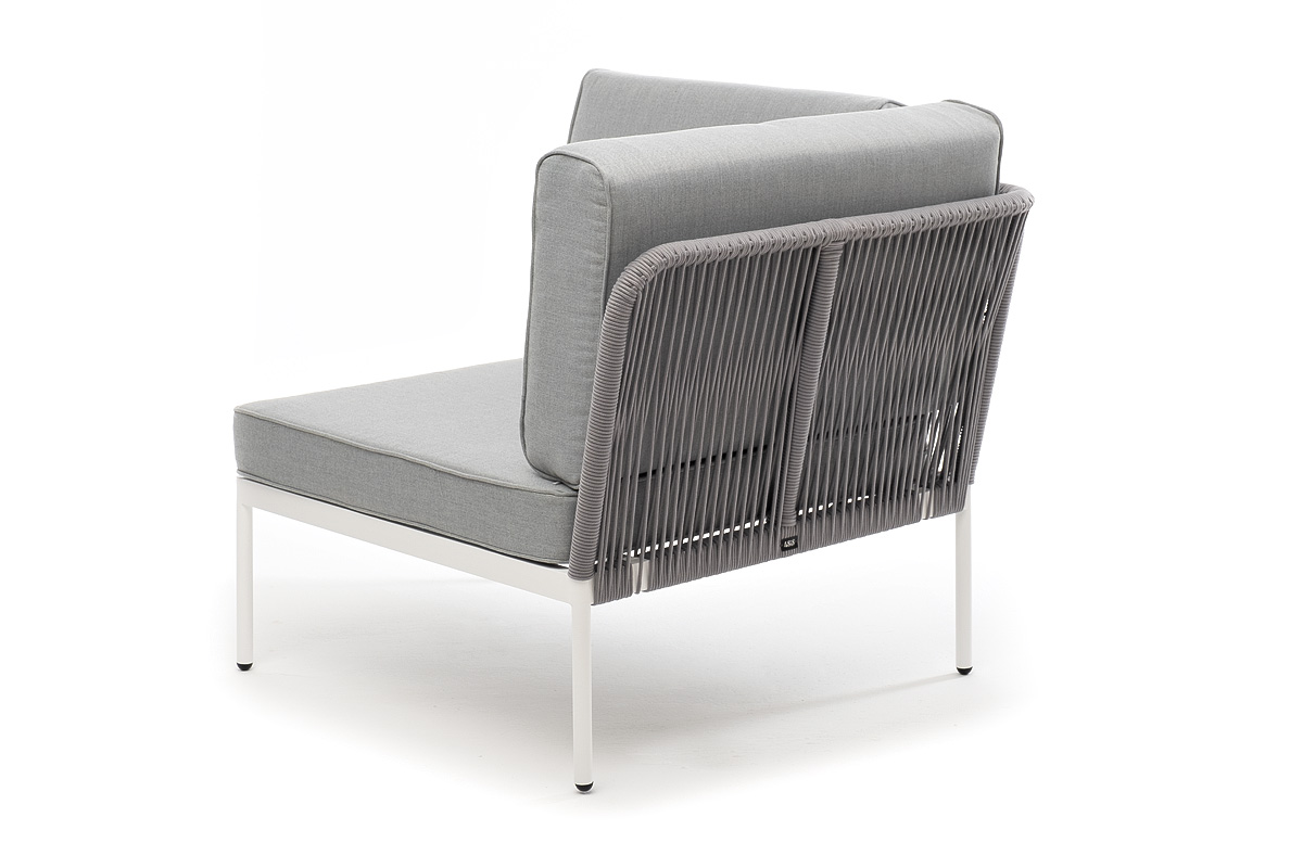 фото "канны" угловой модуль плетеный из роупа, каркас алюминий белый шагрень, роуп светло-серый круглый, ткань светло-серая