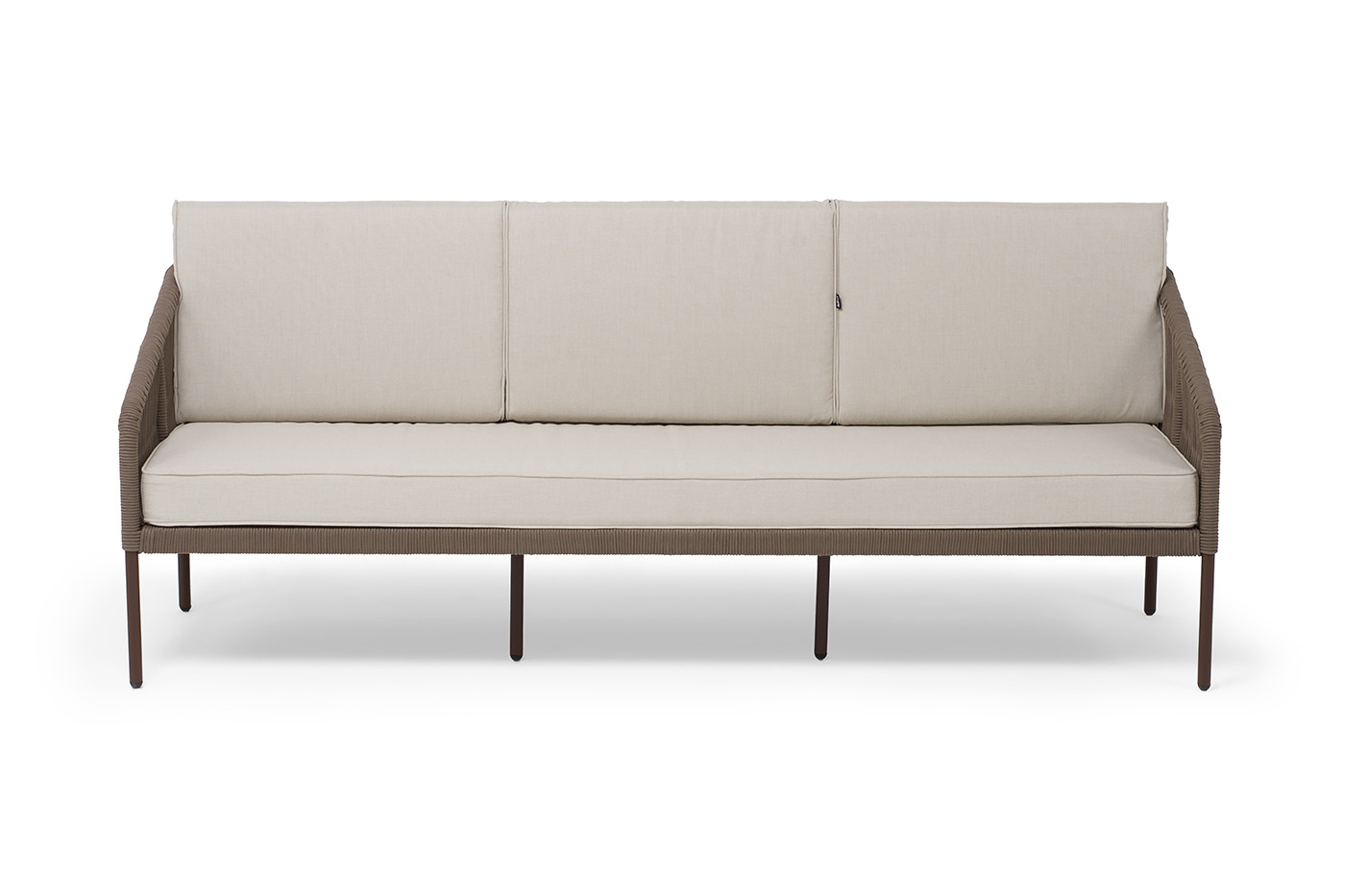 фото "канны" диван 3-местный плетеный из роупа, каркас алюминий коричневый (ral8016) муар, роуп коричневый круглый, ткань бежевая 035