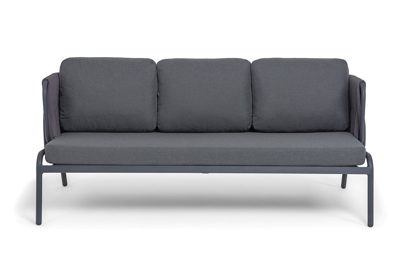 фото "ронда" диван 3-местный плетеный из роупа, каркас алюминий темно-серый (ral7024) муар, роуп серый 40 мм tex, ткань темно-серая 027