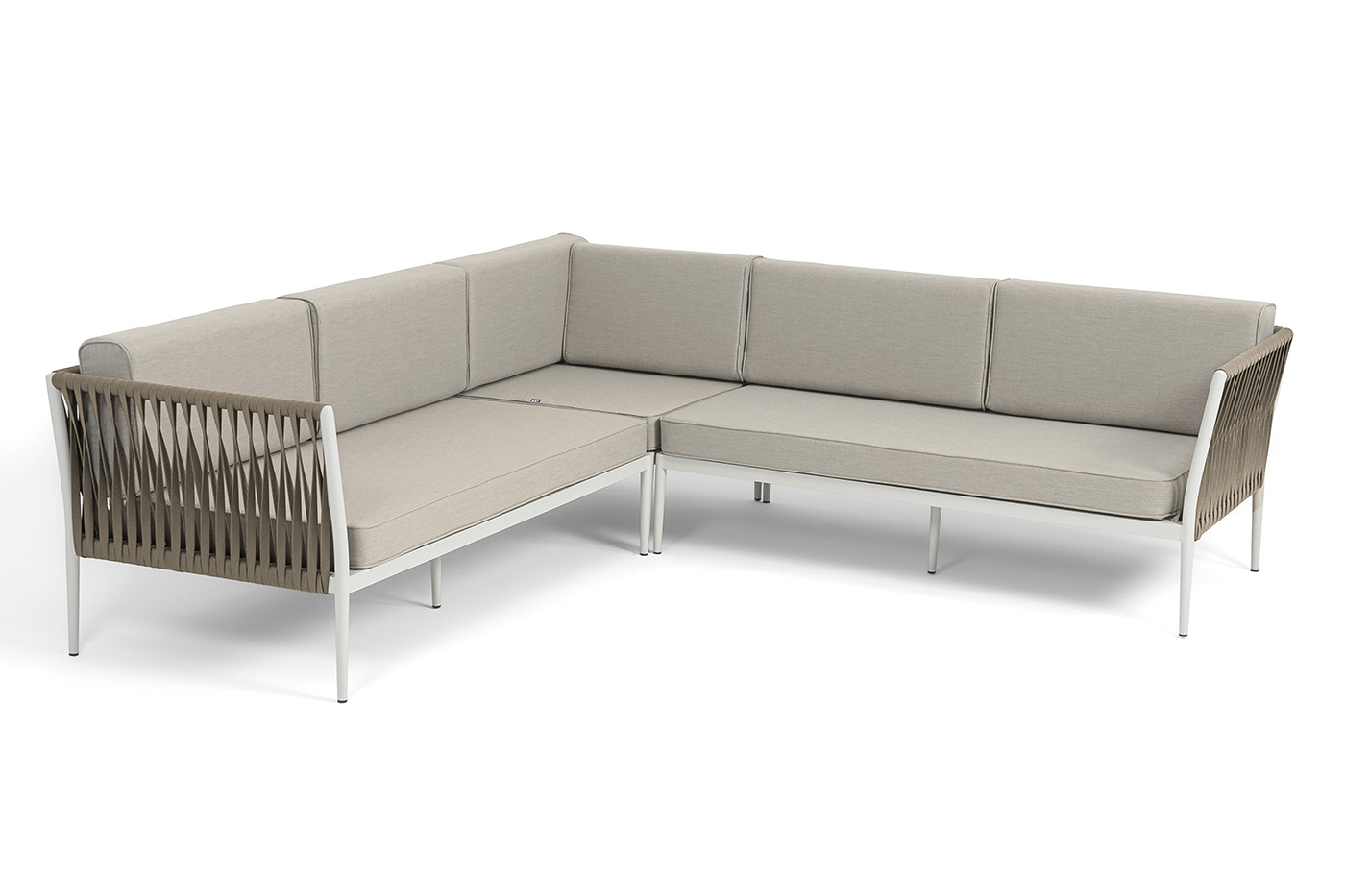 фото "касабланка" диван модульный плетеный из роупа, каркас алюминий, роуп серо-коричневый 23мм, ткань бежевая 15052