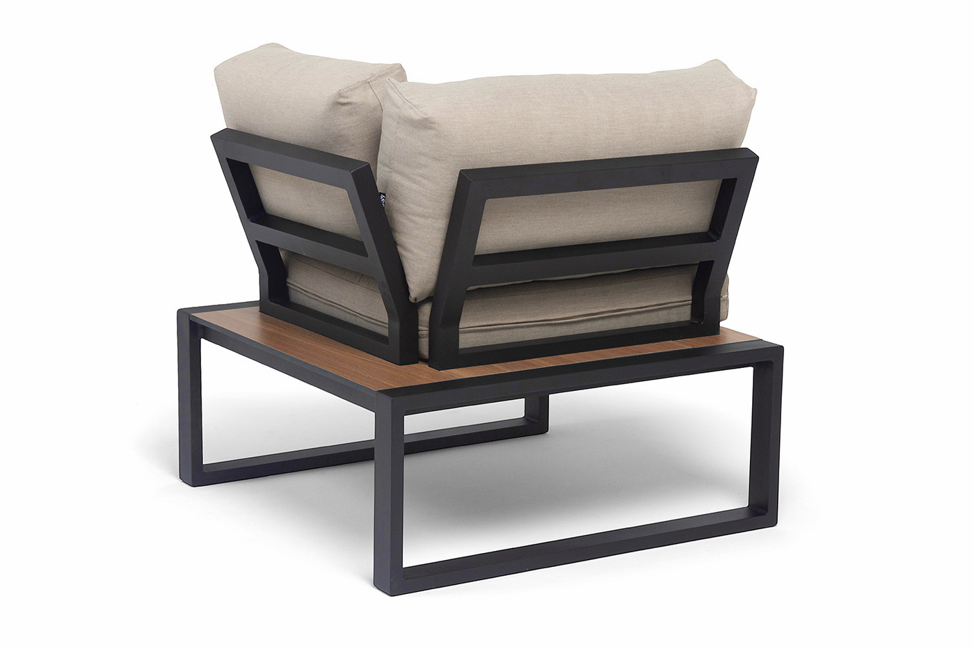 фото "тулон" угловой модуль, каркас алюминий, hpl "дуб", черный муар, ткань бежевая 15052