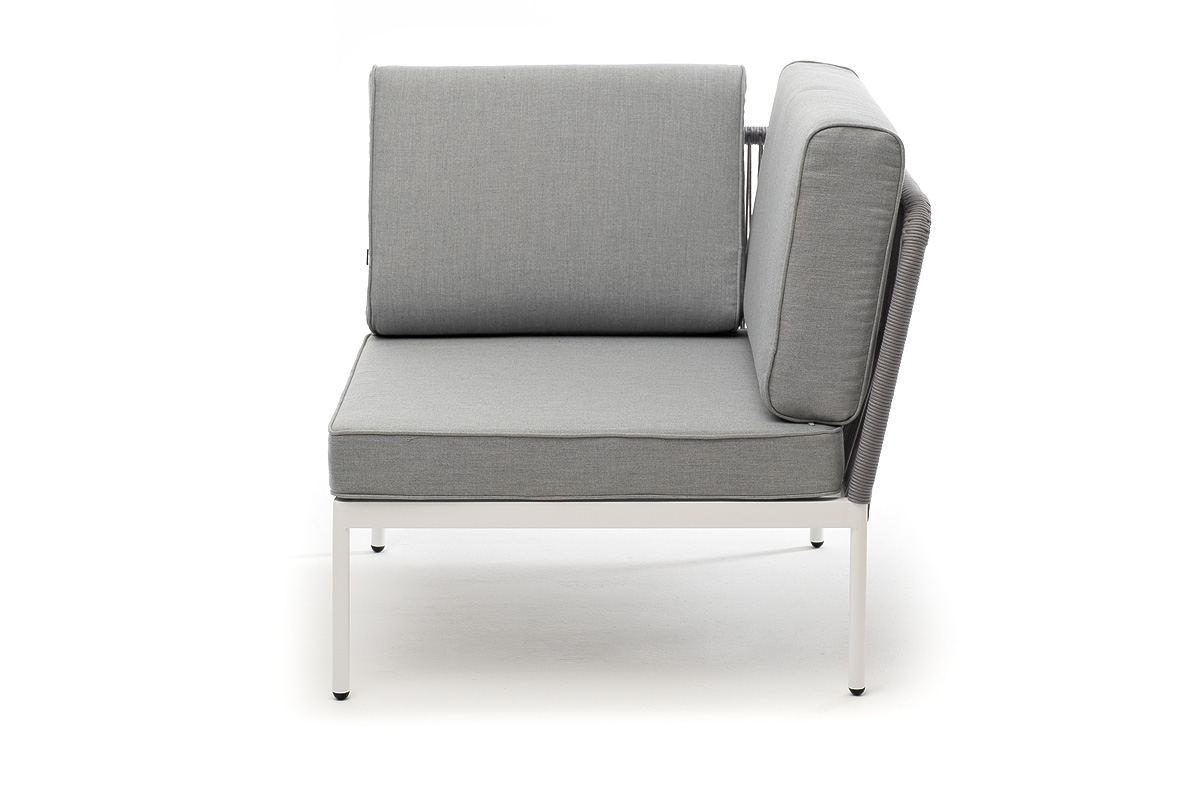 фото "канны" угловой модуль плетеный из роупа, каркас алюминий белый шагрень, роуп светло-серый круглый, ткань светло-серая