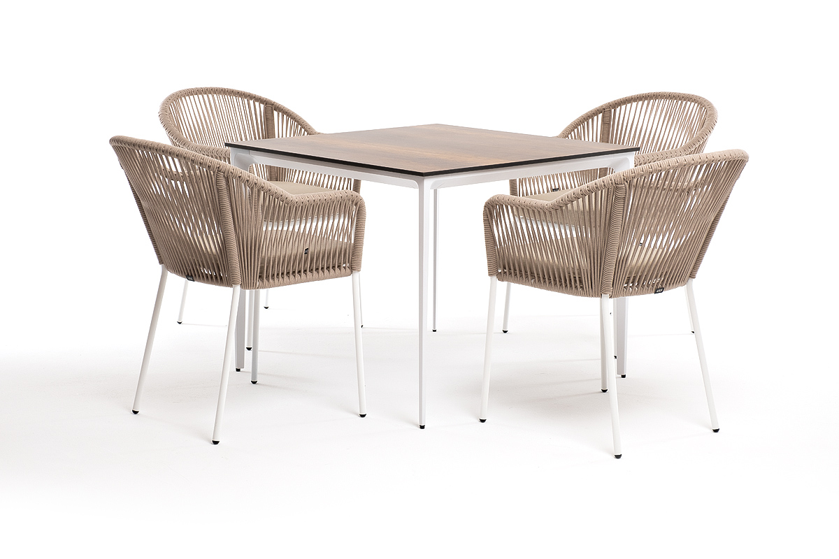 фото "малага" обеденная группа на 4 персоны со стульями "лион", каркас белый, роуп бежевый