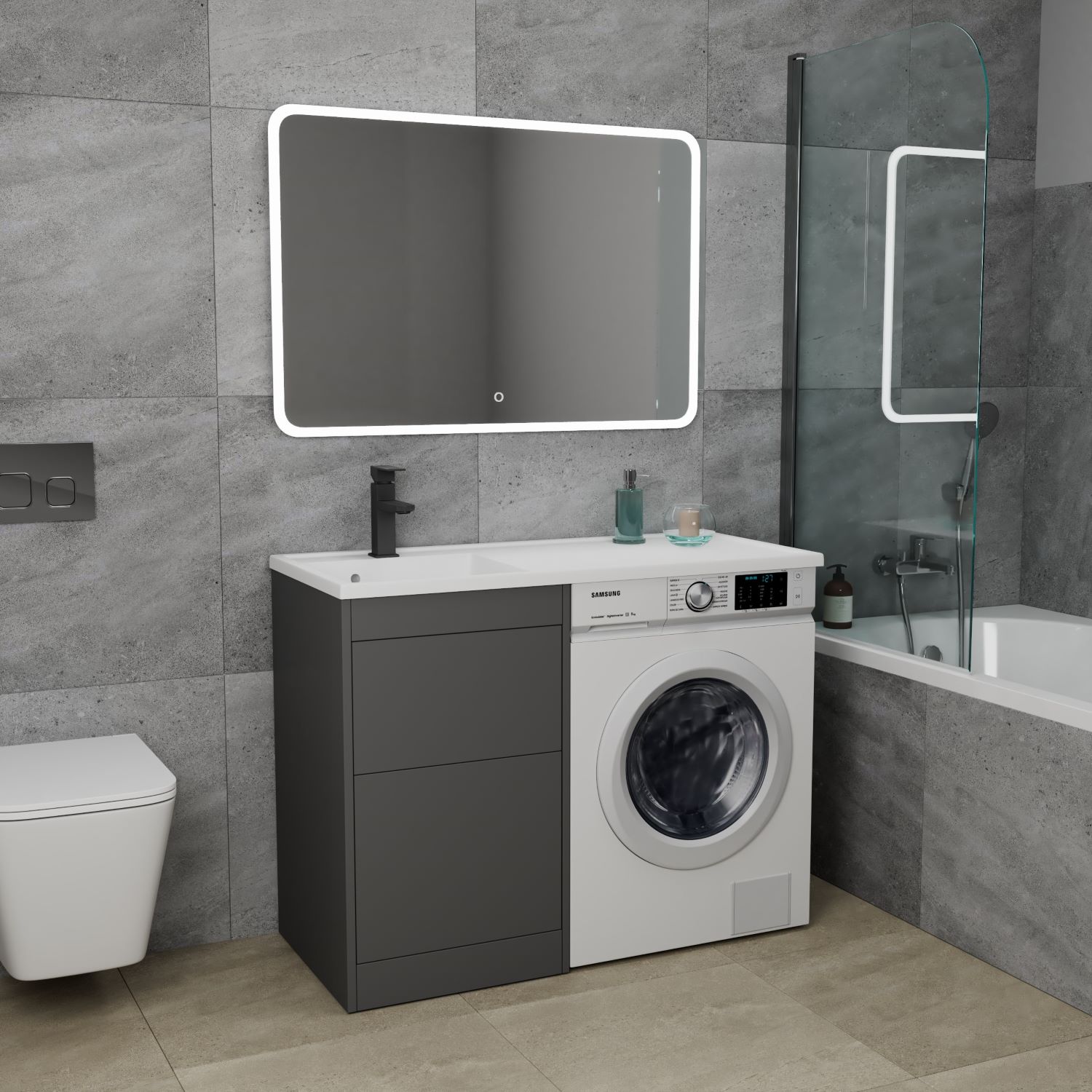 Тумба с 2 ящ. Torre 45 под стиральную машину с раковиной, графит матовый 