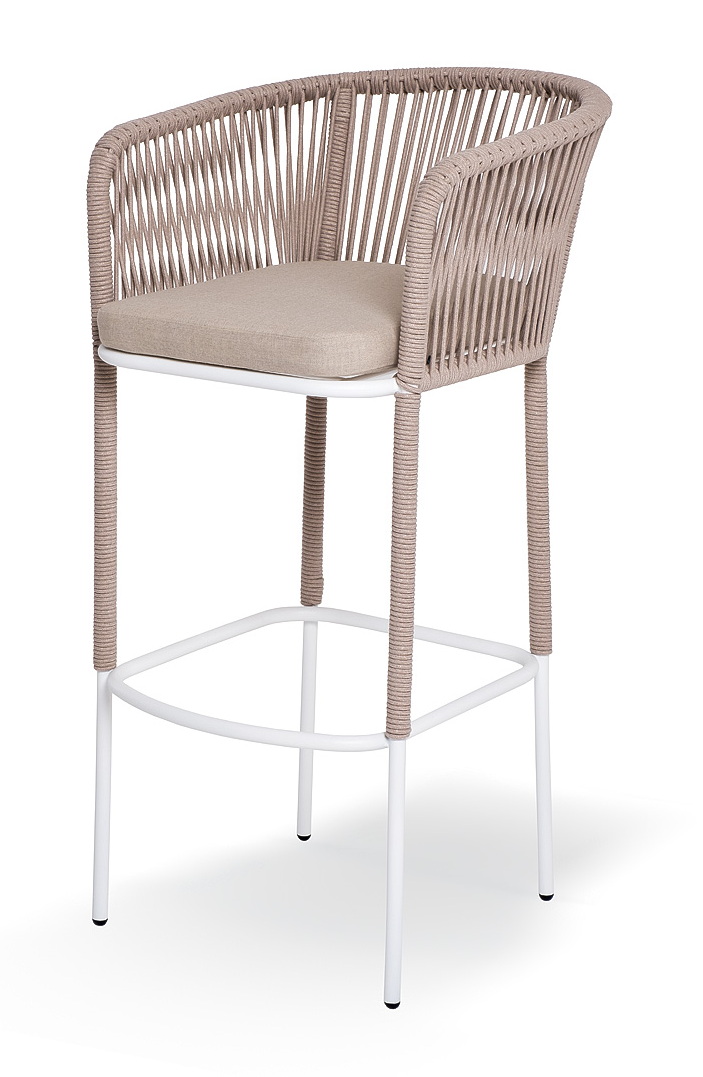 фото "марсель" стул барный плетеный из роупа, каркас из стали белый муар, роуп бежевый круглый, ткань бежевая 15052