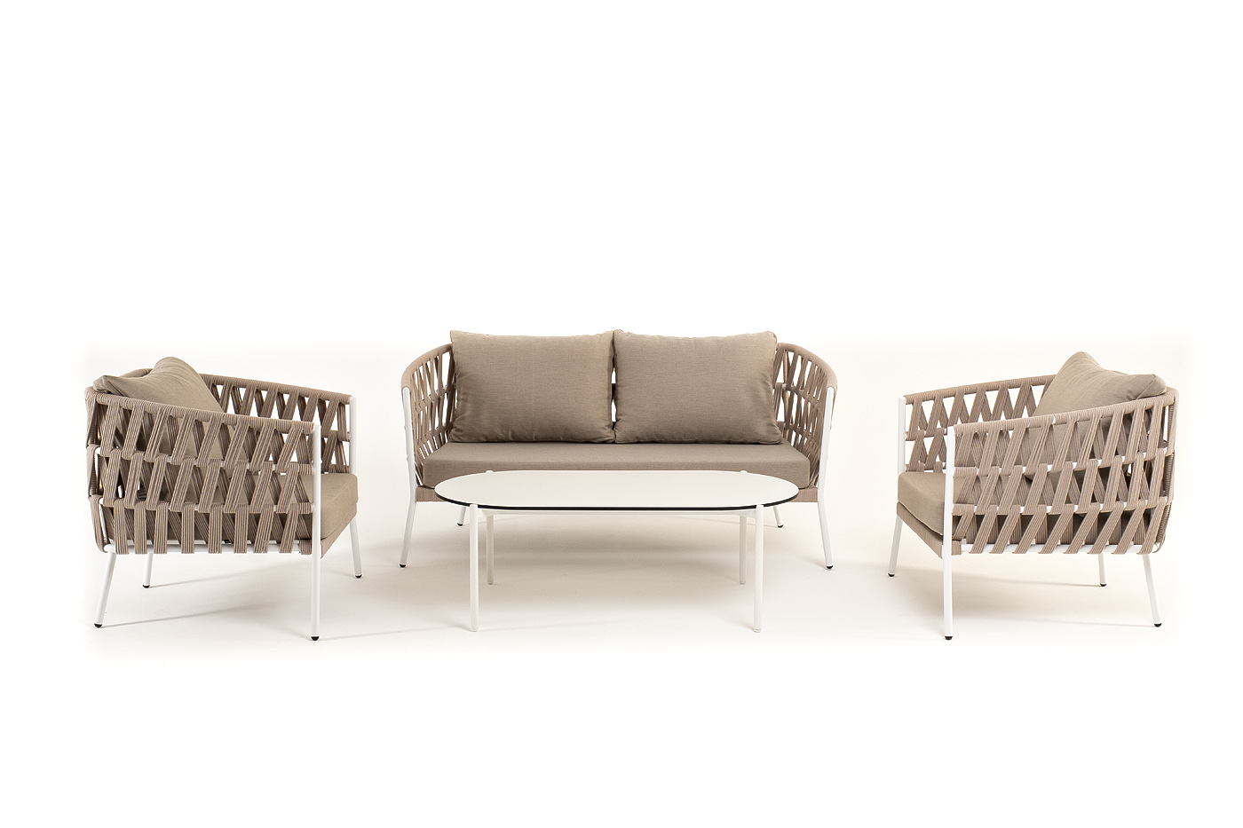 "Диего" лаунж-зона 4-местная плетеная из роупа (веревки), каркас алюминиевый белый, роуп бежевый фото "диего" лаунж-зона 4-местная плетеная из роупа (веревки), каркас алюминиевый белый, роуп бежевый