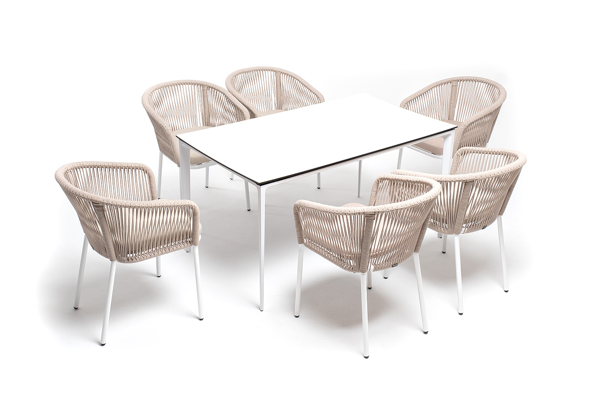 фото "малага" обеденная группа на 6 персон со стульями "марсель", каркас белый, роуп бежевый