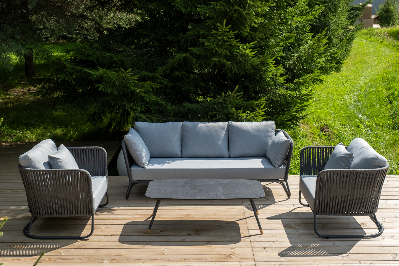 фото "багамы" лаунж-зона 5-местная плетеная из роупа (веревки), каркас алюминиевый темно-серый, роуп серый