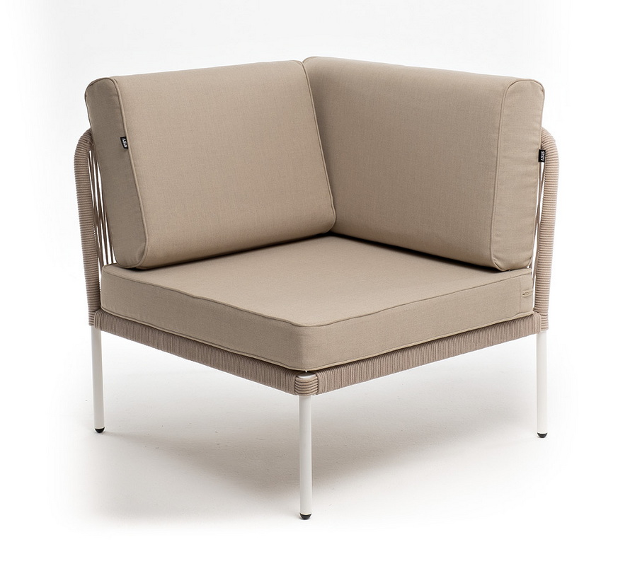 фото "канны" угловой модуль плетеный из роупа, каркас алюминий белый муар, роуп бежевый круглый, ткань бежевая 15052