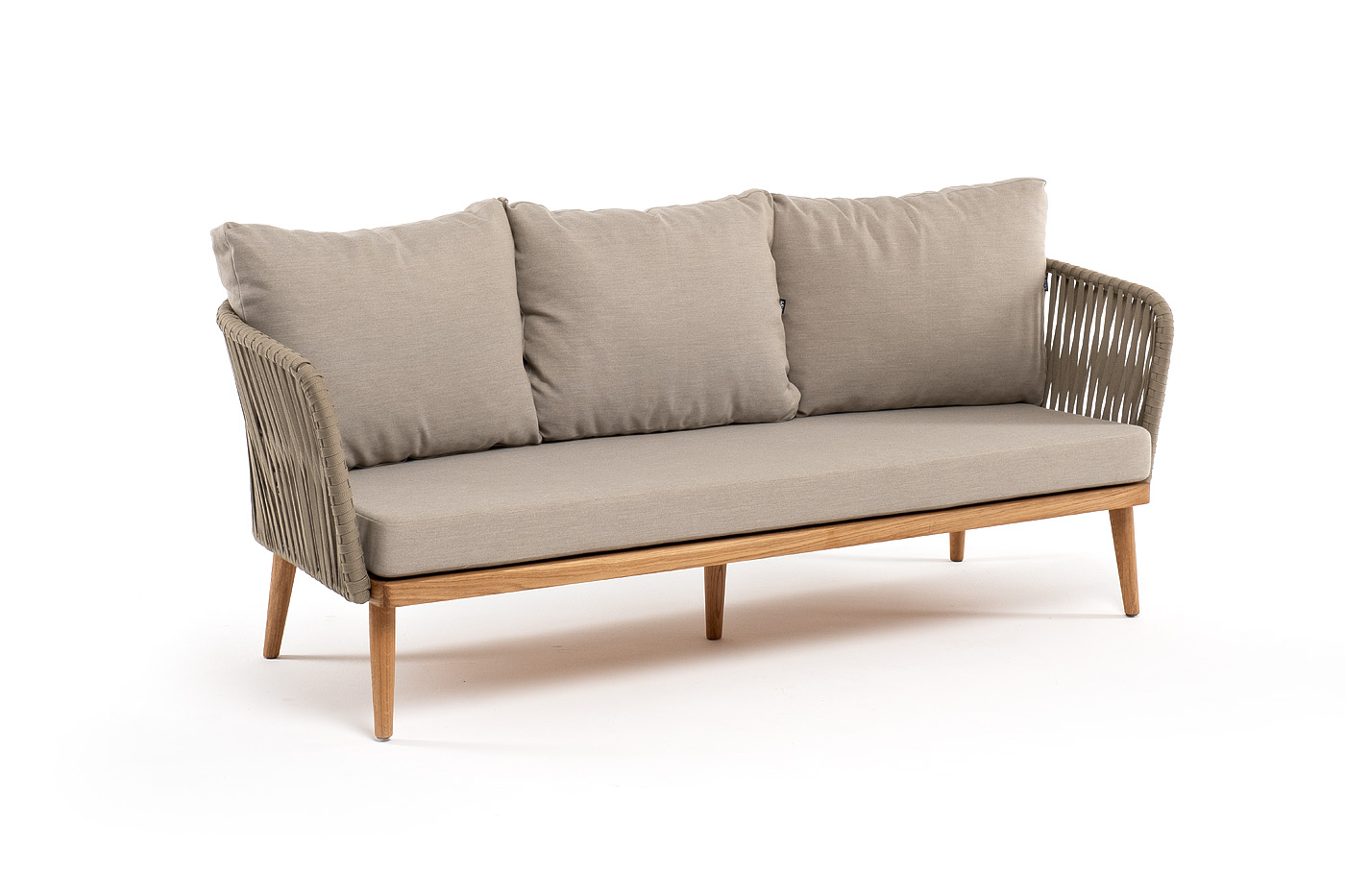 фото "мальорка" диван 3-местный плетеный из роупа, основание дуб, роуп серо-коричневый 23мм, ткань бежевая 15052