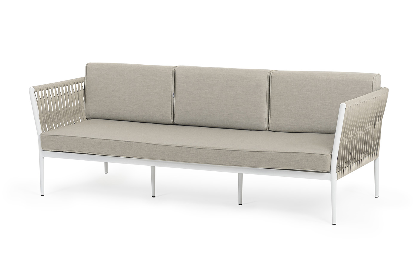 фото "касабланка" диван 3-местный плетеный из роупа, каркас алюминий белый муар, роуп бежевый 20мм, ткань бежевая 052