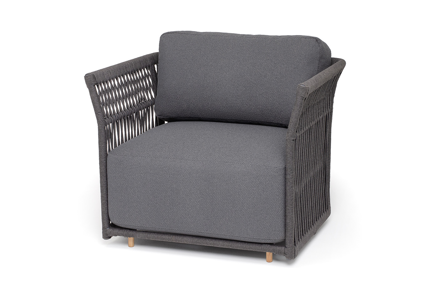 фото "лугано" кресло плетеное из роупа, каркас алюминий темно-серый (ral7024) муар, роуп темно-серый круглый, ткань темно-серая yb25-0027