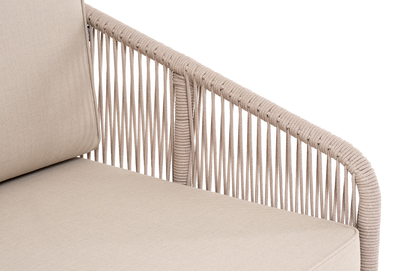 фото "канны" левый модуль плетеный из роупа, основание дуб, роуп бежевый круглый, ткань бежевая 052