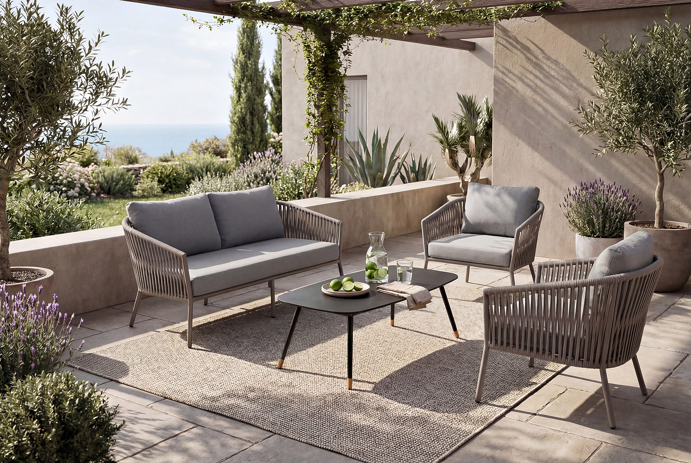 фото "комо" лаунж-зона 4-местная плетеная из роупа (веревки), каркас алюминиевый бежево-серый, роуп серо-коричневый