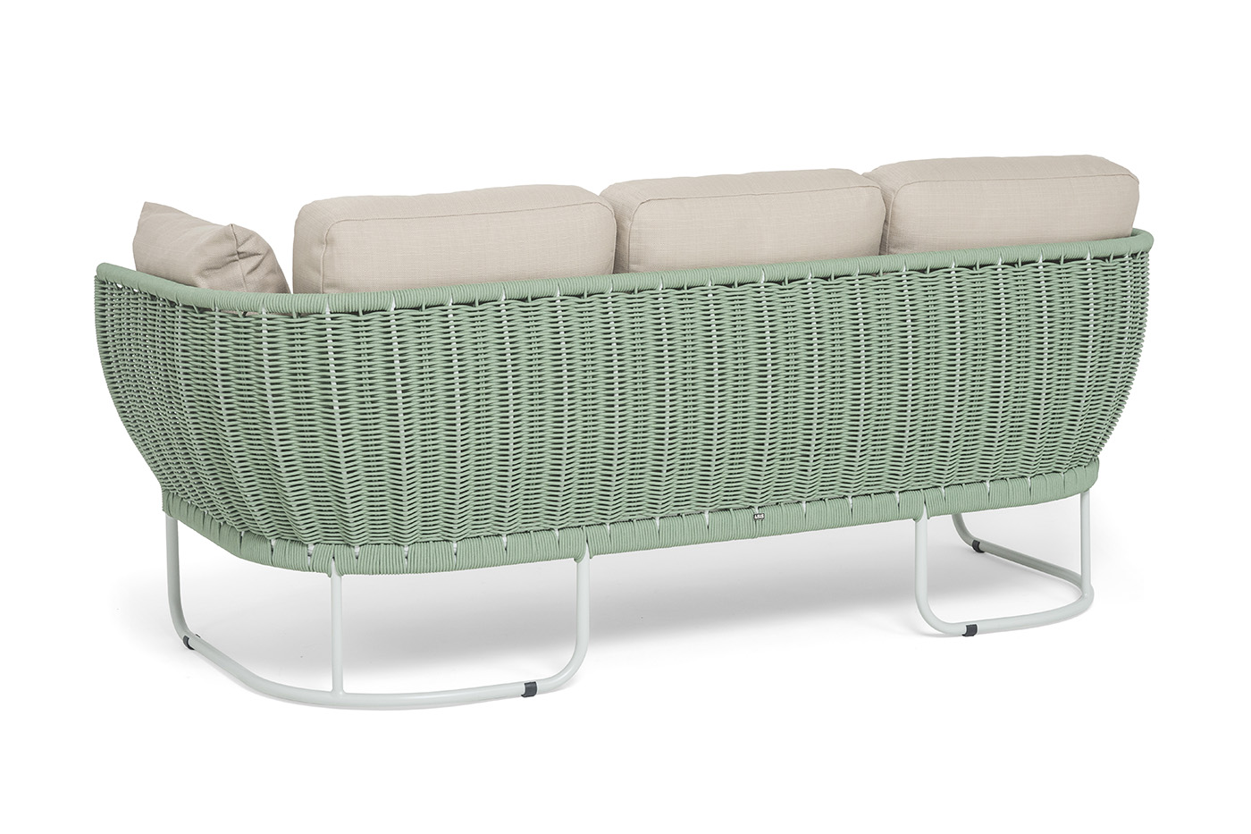 фото "фиджи" диван 3-местный плетеный из роупа, каркас алюминий светло-серый (ral7035) муар, роуп зеленый (4204) круглый tex, ткань mossle бежевая