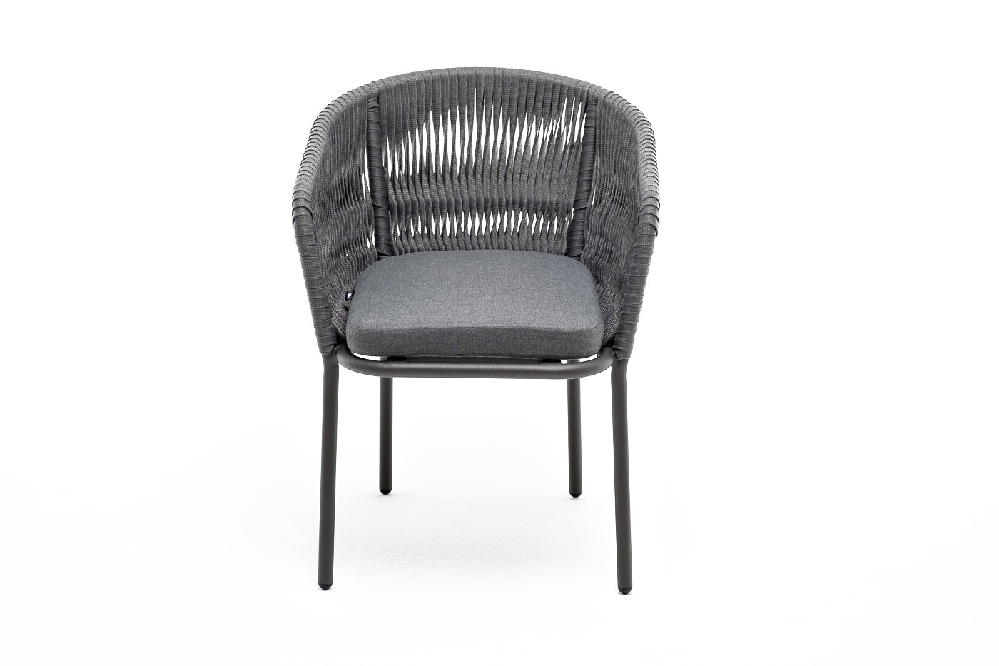 фото "бордо" стул плетеный из роупа (колос), каркас алюминий серый (ral7022) муар, роуп серый 15мм, ткань темно-серая 027