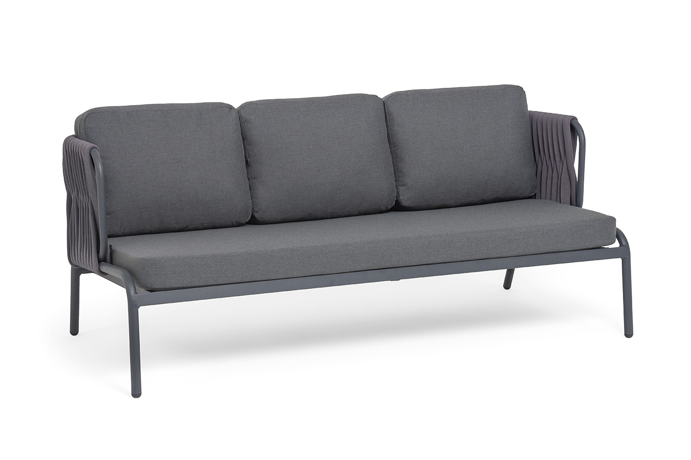 фото "ронда" диван 3-местный плетеный из роупа, каркас алюминий темно-серый (ral7024) муар, роуп серый 40 мм tex, ткань темно-серая 027