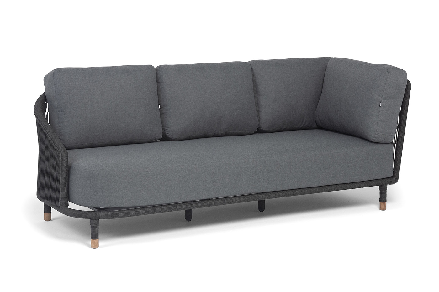 фото "верона" правый-угол модуль плетеный из роупа, каркас алюминий темно-серый (ral7024) муар, роуп темно-серый круглый, ткань темно-серая 027, l220х89