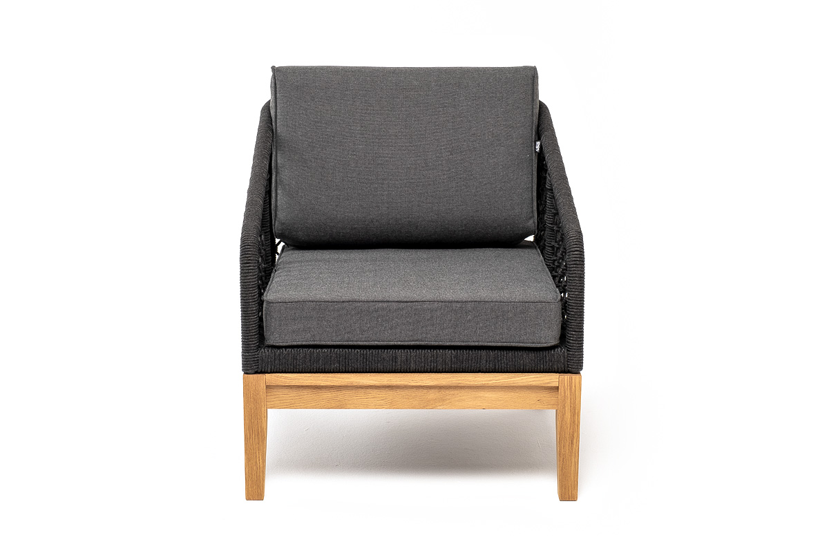 фото "канны" кресло плетеное из роупа (узелки), основание дуб, роуп темно-серый круглый, ткань серая