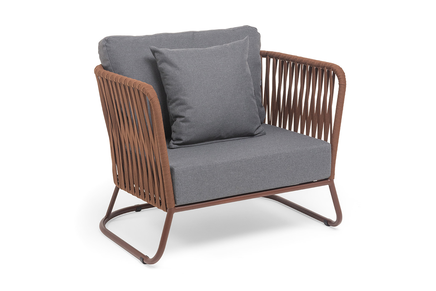 фото "багамы" кресло плетеное из роупа, каркас алюминий коричневый (ral8016) муар, роуп bz23-ed31, ткань темно-серая 027