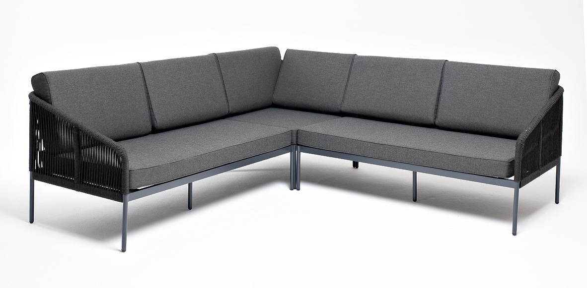 фото "канны" диван модульный плетеный из роупа, каркас алюминий темно-серый (ral7024), роуп темно-серый круглый, ткань темно-серая