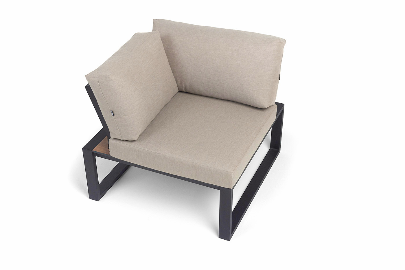 фото "тулон" угловой модуль, каркас алюминий, hpl "дуб", черный муар, ткань бежевая 15052