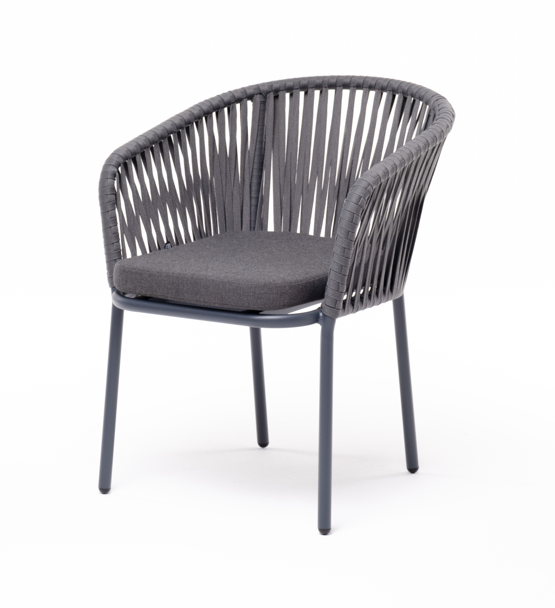 фото "бордо" стул плетеный из роупа, каркас алюминий темно-серый (ral7024) муар, роуп серый 15мм, ткань темно-серая 027