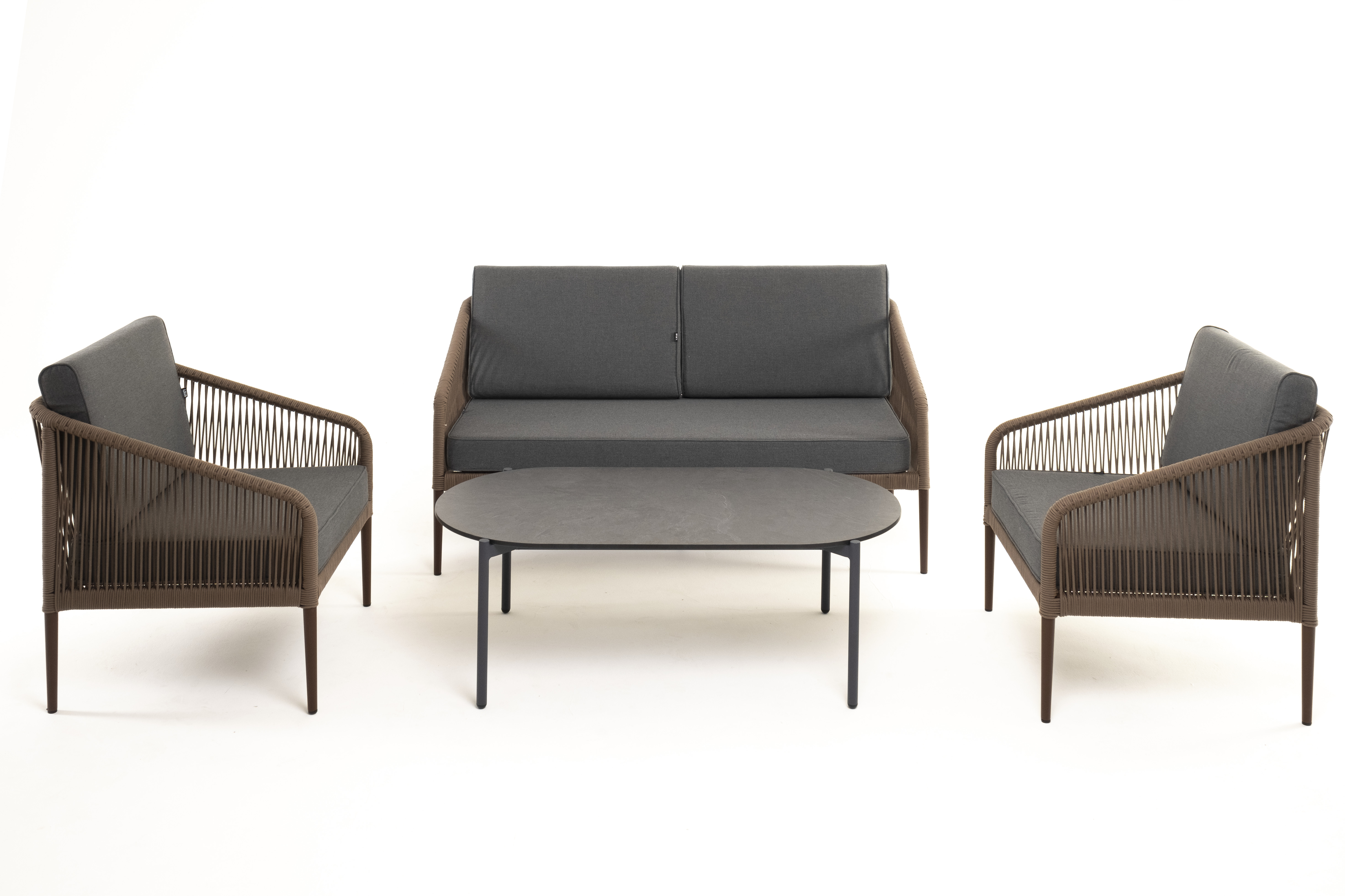 фото "канны" лаунж-зона 4-местная из роупа со столом "верона" (серый гранит), каркас алюминиевый коричневый, роуп коричневый