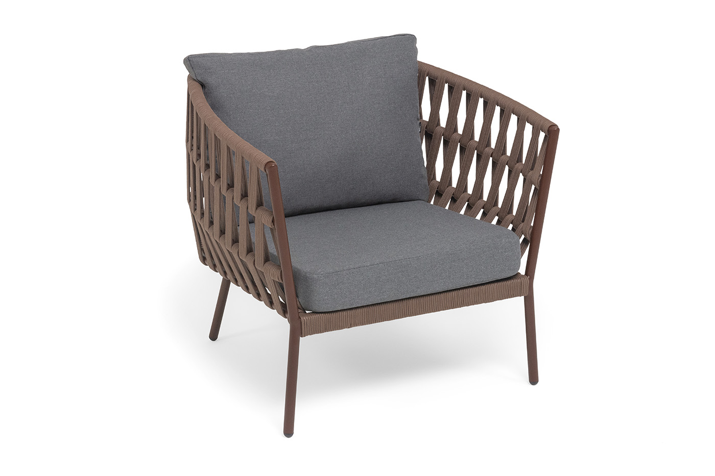 фото "диего" кресло плетеное из роупа, каркас алюминий коричневый (ral8016) муар, роуп коричневый круглый, ткань темно-серая 027