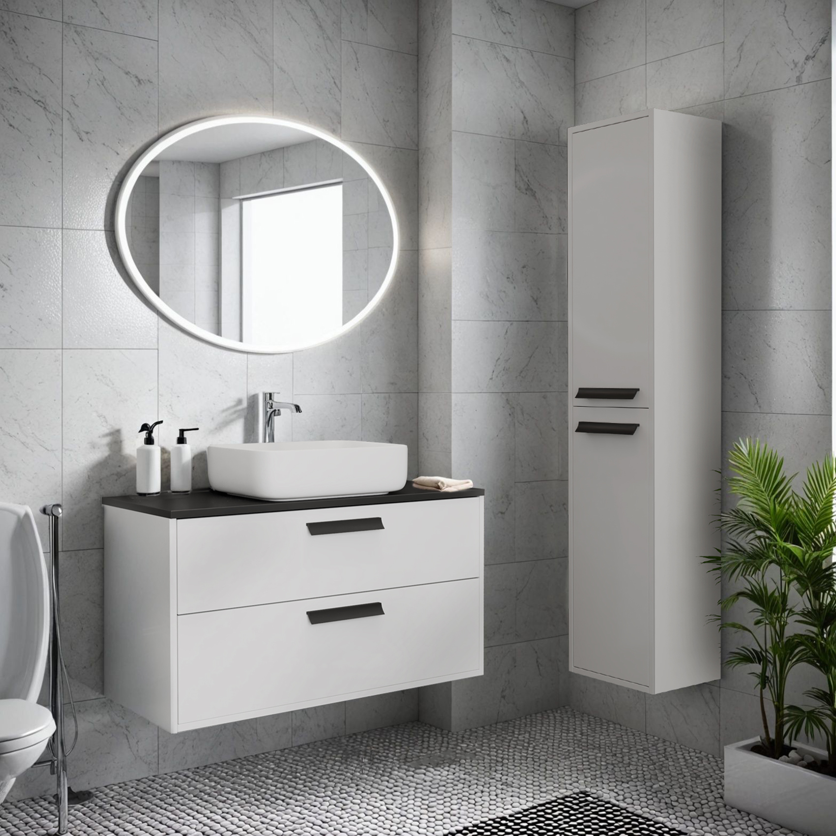 фото тумба orta 100 с накл.ум-к., с 2-мя ящ., подвесная белая