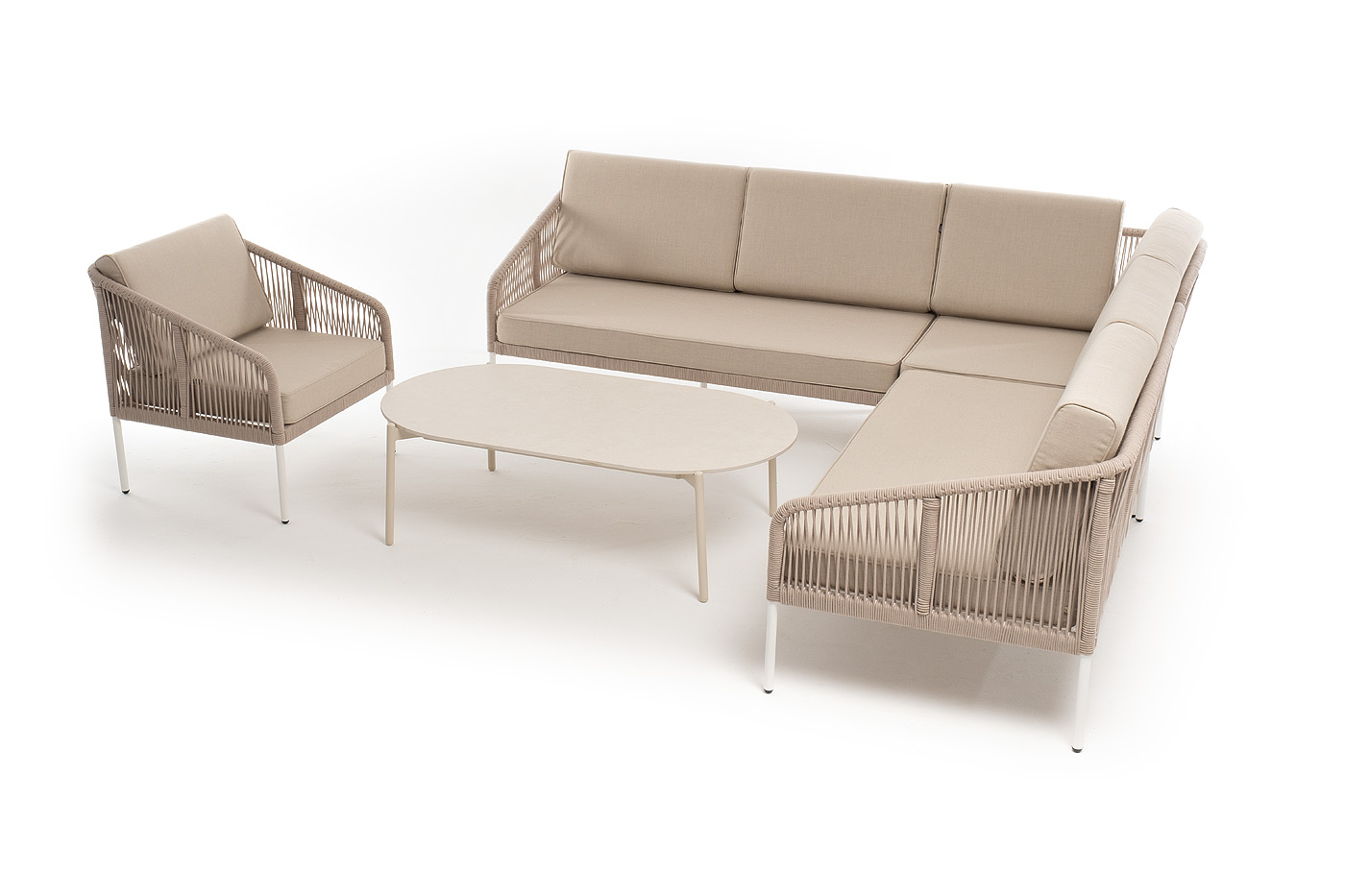 фото "канны" модульная угловая лаунж-зона из роупа (веревки) со столом "диего" (молочный), цвет бежевый