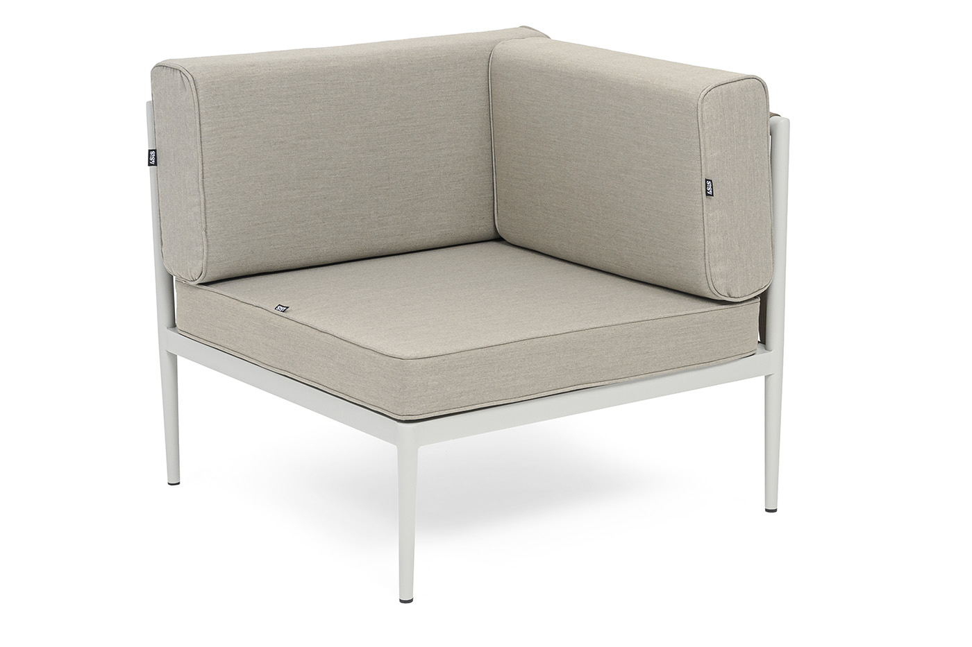 фото "касабланка" угловой модуль плетеный из роупа, каркас алюминий светло-серый (ral7035) муар, роуп серо-коричневый 23мм, ткань бежевая 15052