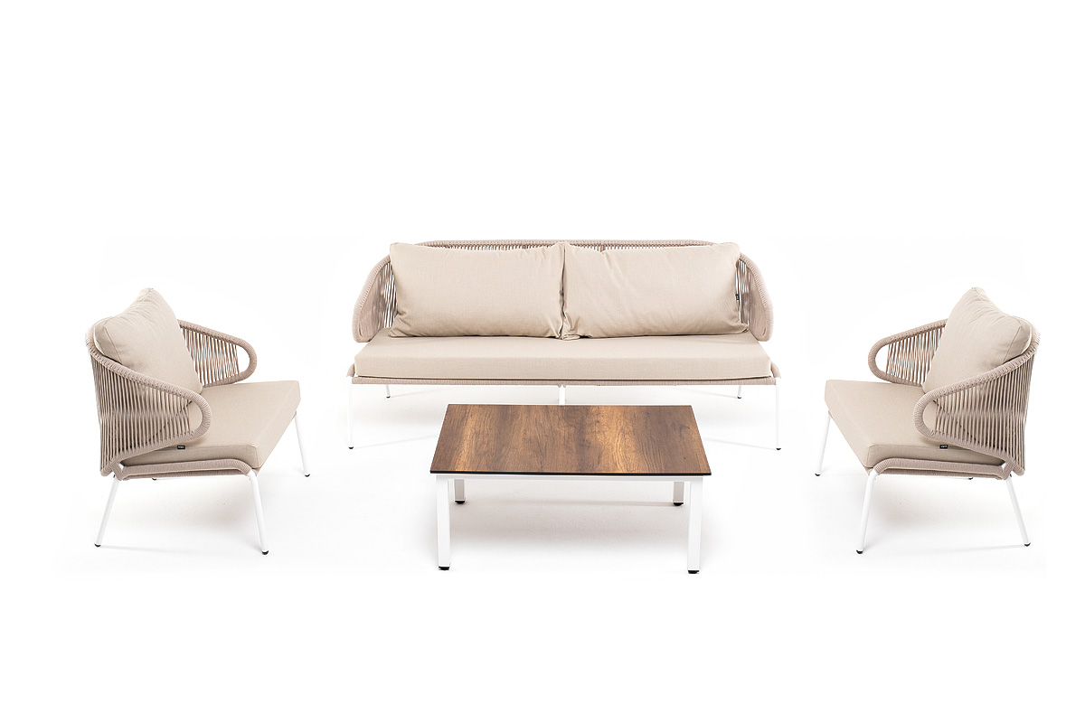 фото "милан" лаунж-зона 5-местная плетеная из роупа (веревки), каркас алюминиевый белый, роуп бежевый