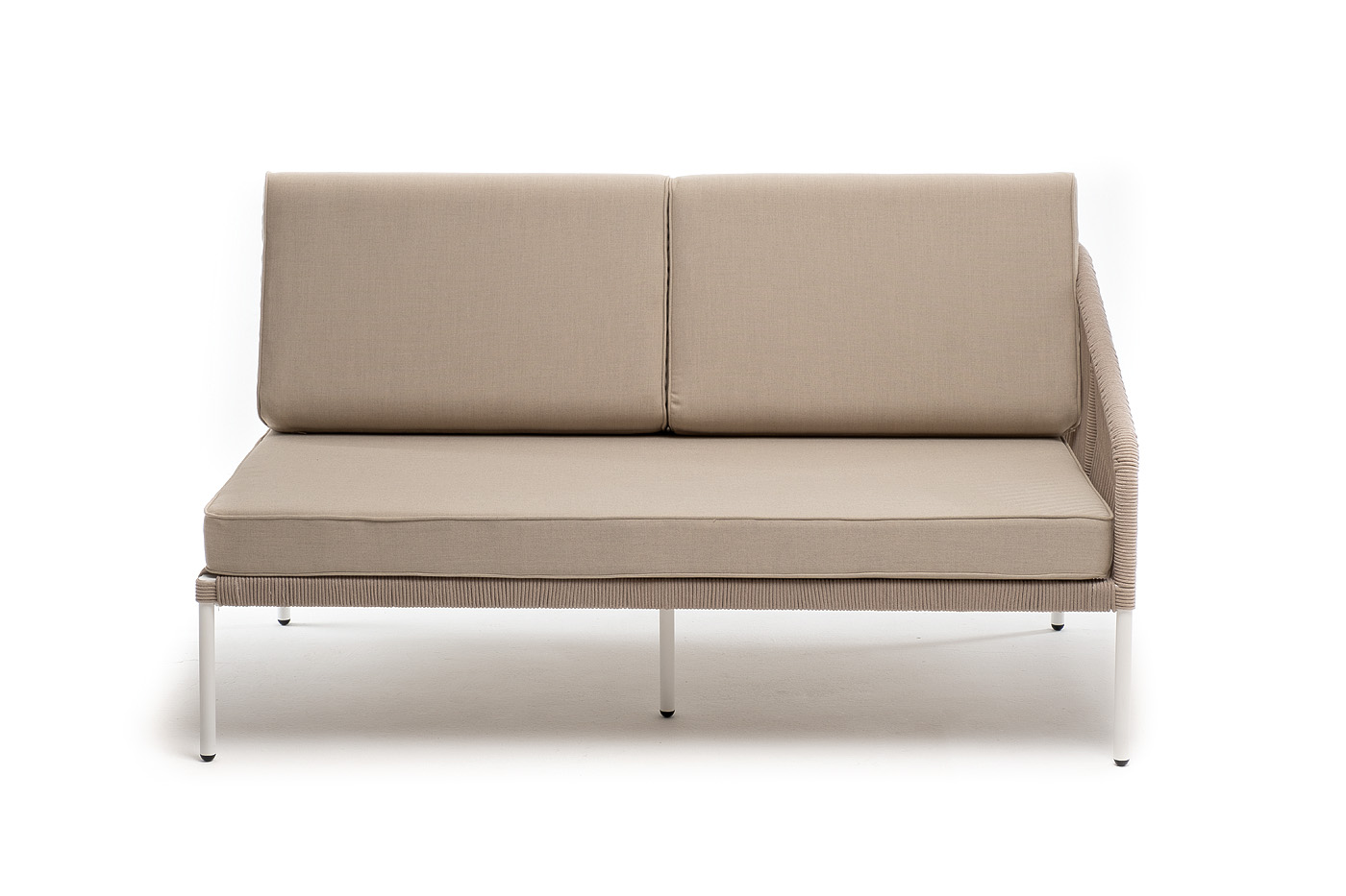 фото "канны" левый модуль плетеный из роупа, каркас алюминий белый муар, роуп бежевый круглый, ткань бежевая 15052