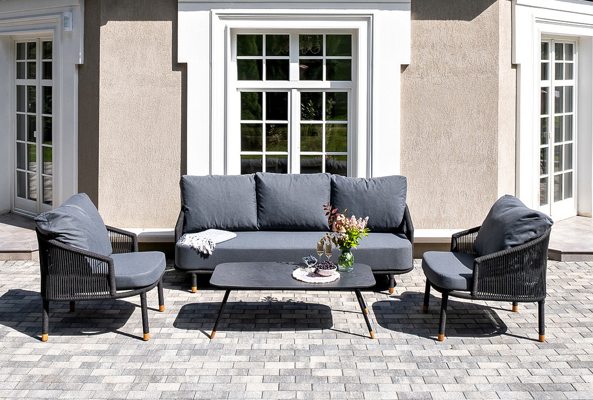 фото "верона" лаунж-зона 5-местная плетеная из роупа (веревки), каркас алюминиевый темно-серый, роуп темно-серый