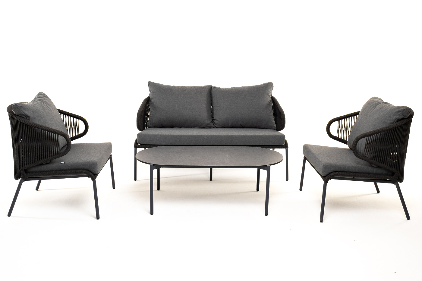 фото "милан" лаунж-зона 4-местная плетеная из роупа (веревки), каркас алюминиевый темно-серый, роуп темно-серый