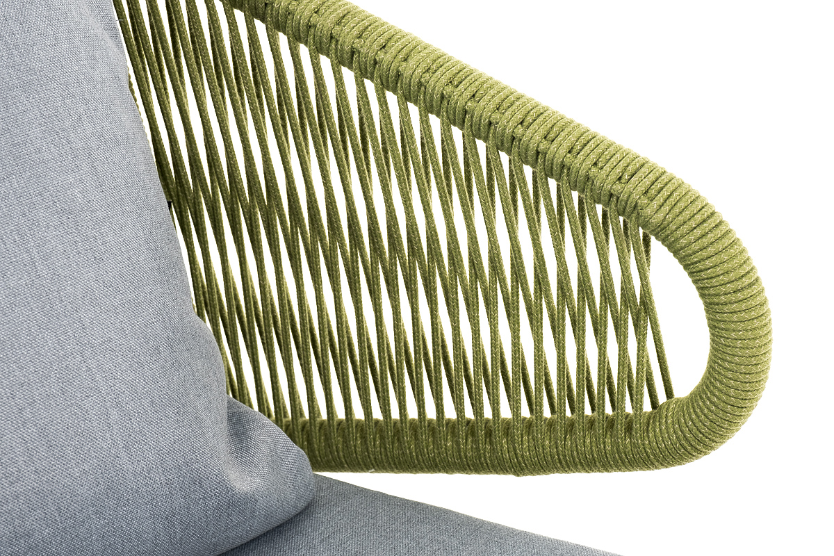 фото "милан" диван 2-местный плетеный из роупа, каркас алюминий светло-серый (ral7035) шагрень, роуп салатовый меланж круглый, ткань светло-серая