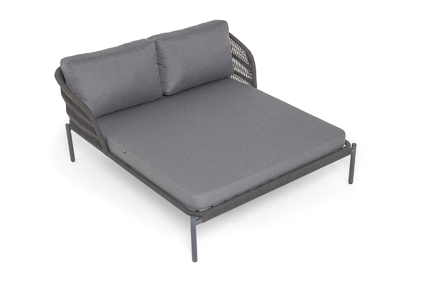 фото "позитано" лежак плетеный из роупа, каркас алюминий темно-серый (ral7024) муар, роуп темно-серый круглый, ткань темно-серая 027