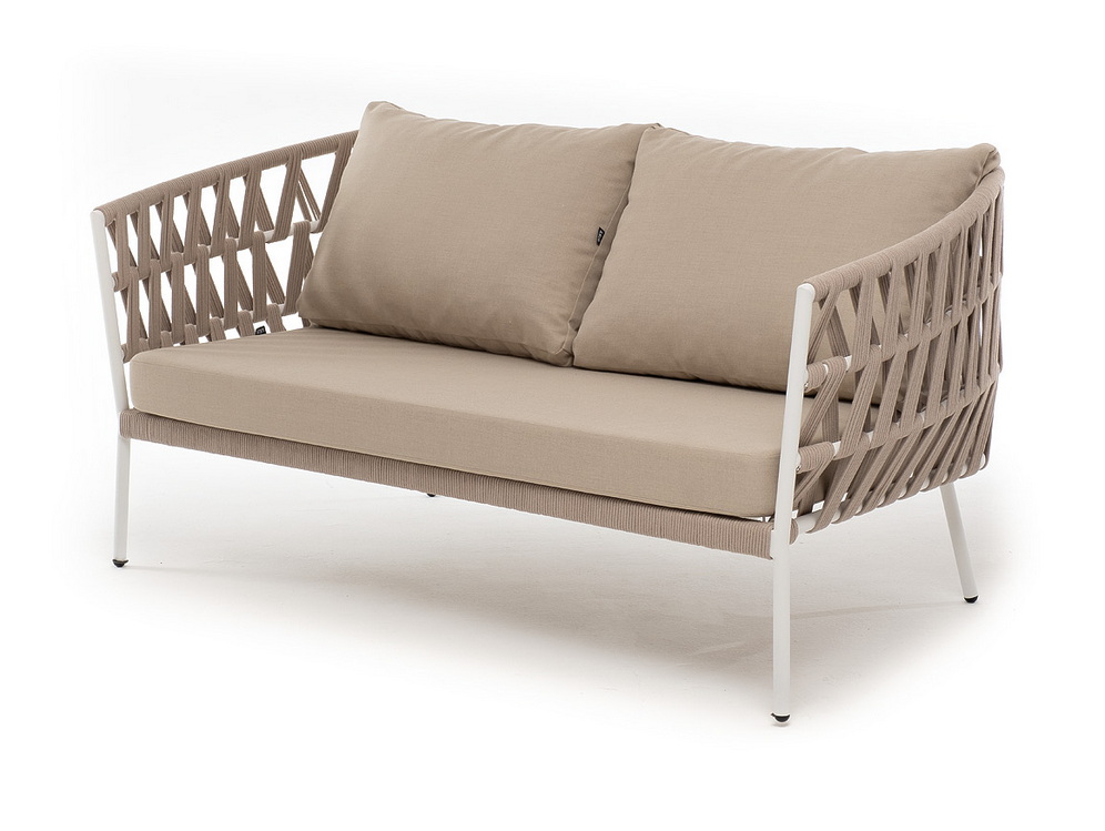 фото "диего" диван 2-местный плетеный из роупа, каркас алюминий белый муар, роуп бежевый круглый, ткань бежевая 052