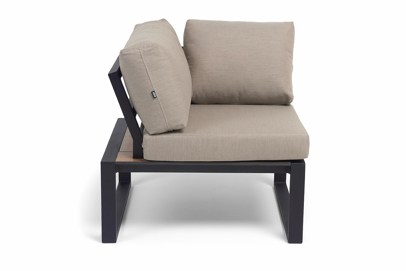 фото "тулон" угловой модуль, каркас алюминий, hpl "дуб", черный муар, ткань бежевая 15052