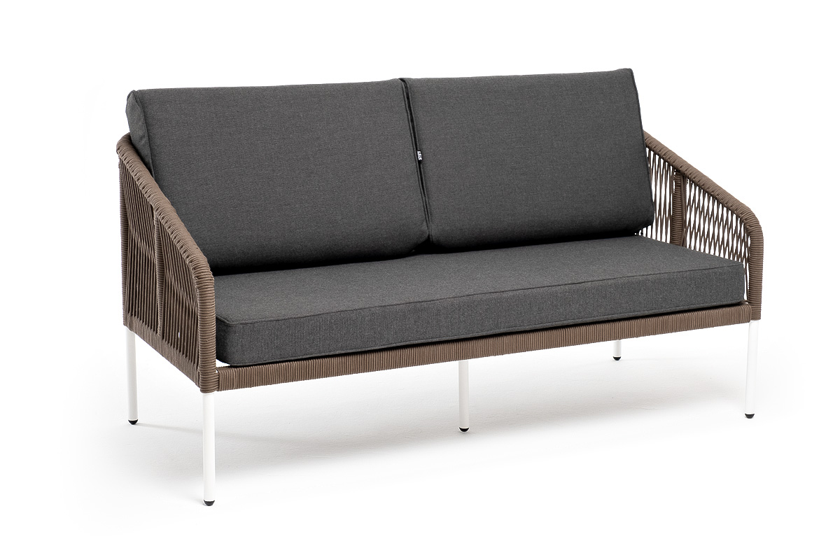 фото "канны" диван 2-местный плетеный из роупа, каркас алюминий белый, роуп коричневый круглый, ткань серая