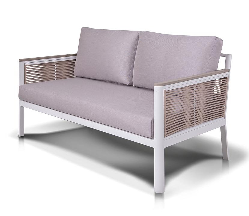 фото "сан ремо" диван 2-местный плетеный из роупа, каркас алюминий белый, роуп бежевый, ткань бежевая