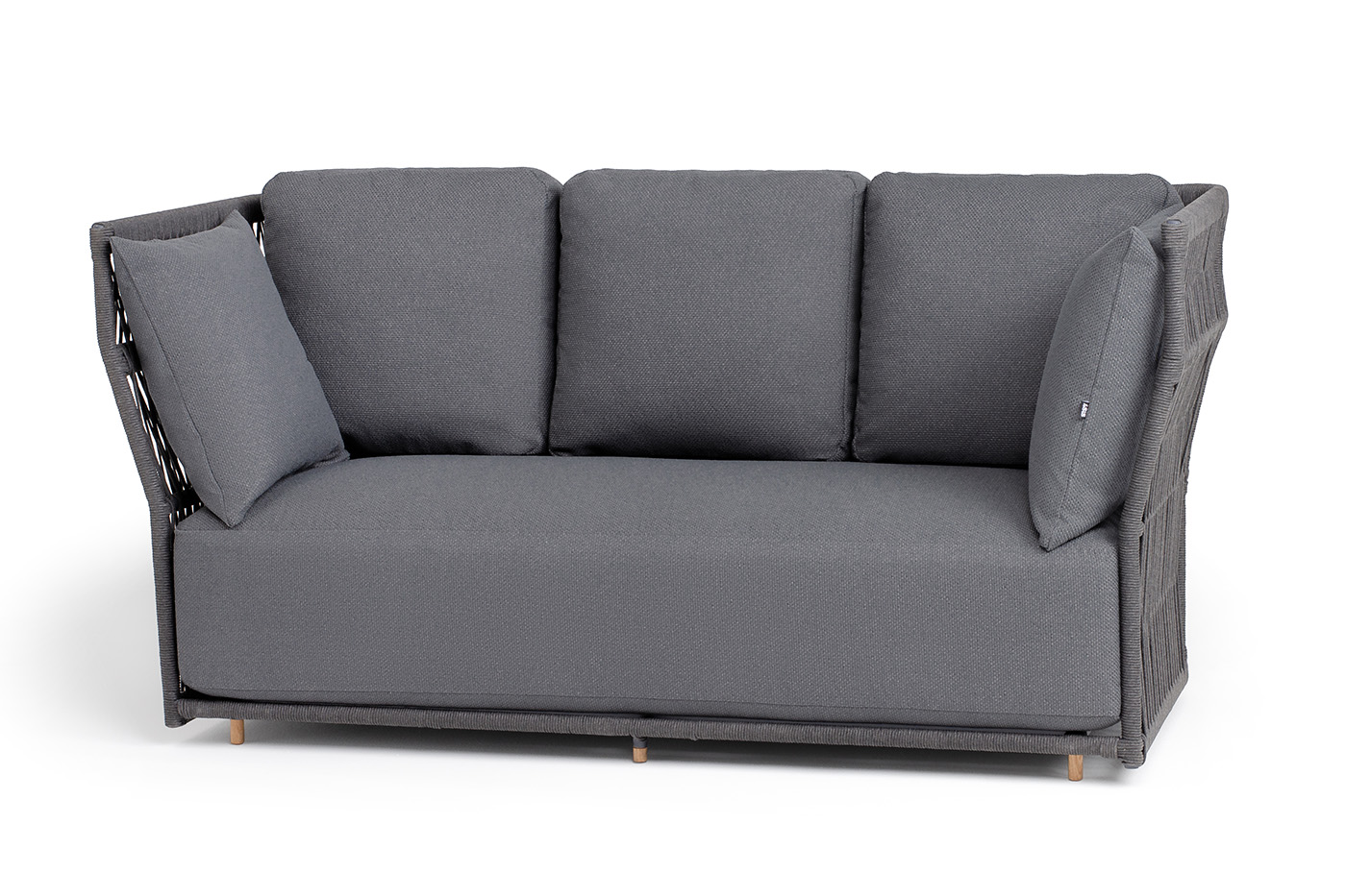 фото "лугано" диван 3-местный плетеный из роупа, каркас алюминий темно-серый (ral7024) муар, роуп темно-серый круглый, ткань темно-серая yb25-0027